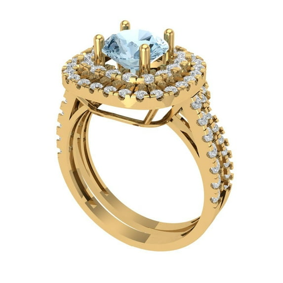 1.8 ct Brilliant Round Cut Natural Sky Blue Topaz 14K Yellow Gold Halo Solitaire with Accents Engagement Bridal Wedding Ring Band Set size 6