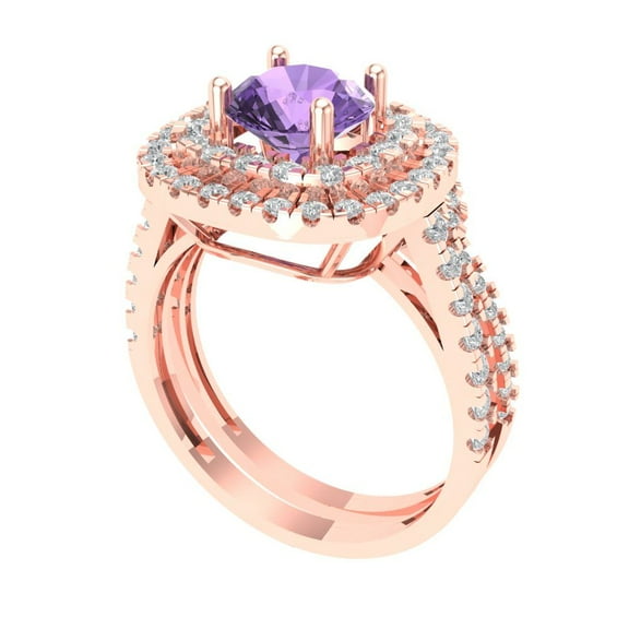 1.8 ct Brilliant Round Cut Alexandrite 14K Rose Gold Halo Solitaire with Accents Engagement Bridal Wedding Ring Band Set size 4