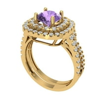 1.8 ct Brilliant Round Cut Alexandrite 14K Yellow Gold Halo Solitaire with Accents Engagement Bridal Wedding Ring Band Set size 6.25