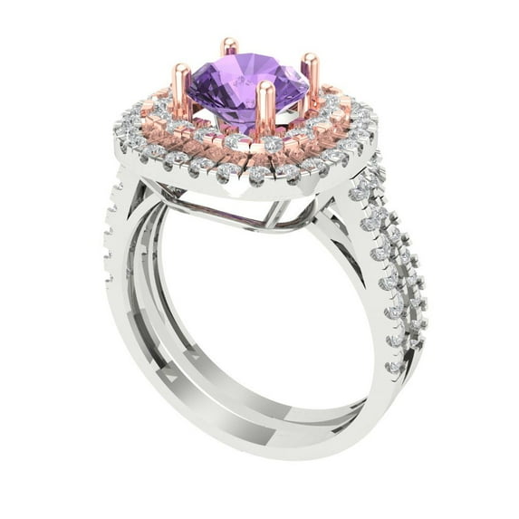 1.8 ct Brilliant Round Cut Alexandrite 14k White/Rose Gold Halo Solitaire with Accents Engagement Bridal Wedding Ring Band Set size 4.25