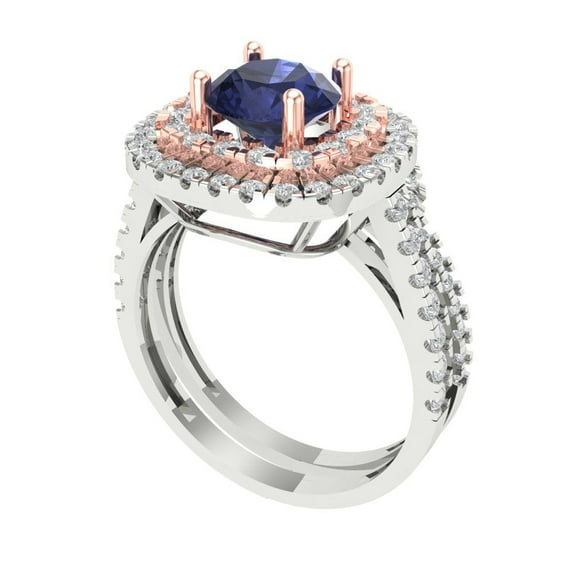 1.8 ct Brilliant Round Cut Blue Sapphire 18K White/Rose Gold Halo Solitaire with Accents Engagement Bridal Wedding Ring Band Set size 7.25