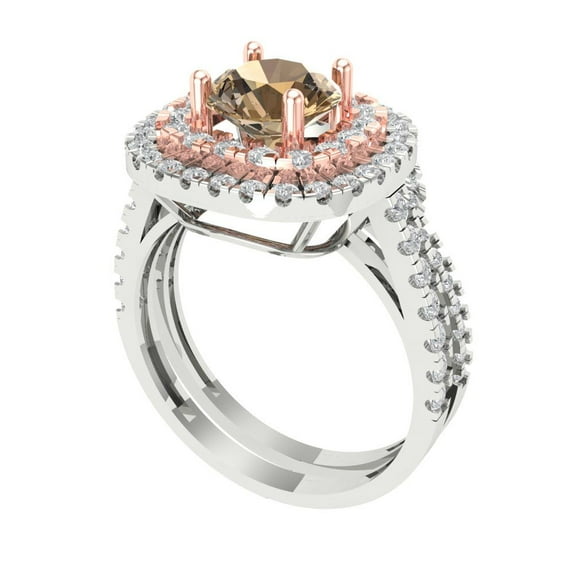 1.8 ct Brilliant Round Cut Champagne 18K White/Rose Gold Halo Solitaire with Accents Engagement Bridal Wedding Ring Band Set size 10.75