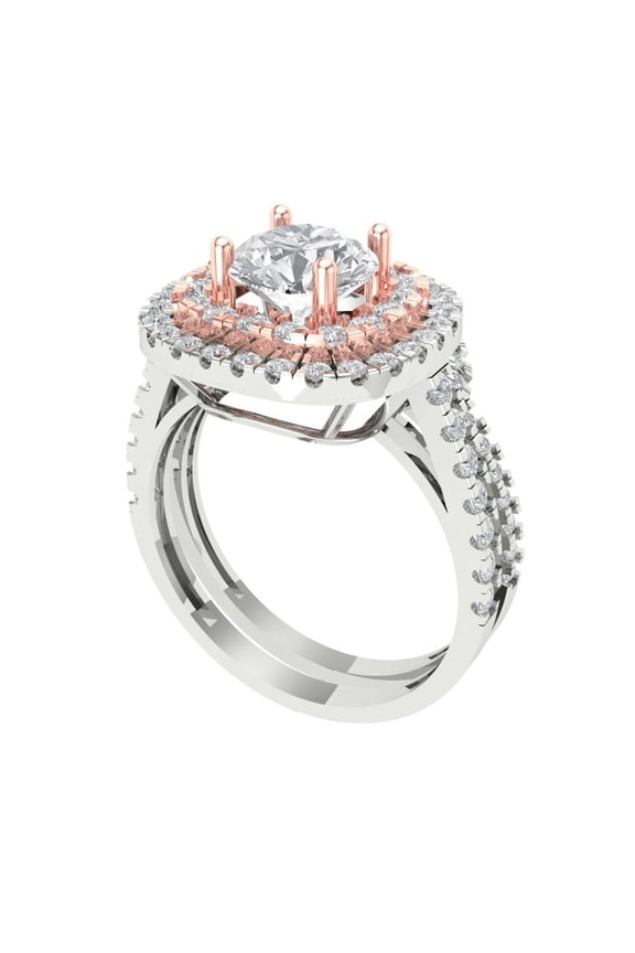 1.8 ct Brilliant Round Cut Zircon 14k White/Rose Gold Halo Solitaire with Accents Engagement Bridal Wedding Ring Band Set size 6