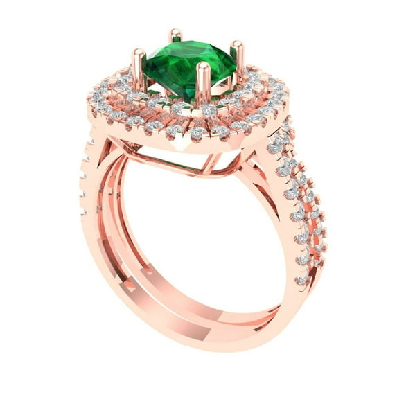 1.8 ct Brilliant Round Cut Emerald 14K Rose Gold Halo Solitaire with Accents Engagement Bridal Wedding Ring Band Set size 8.25
