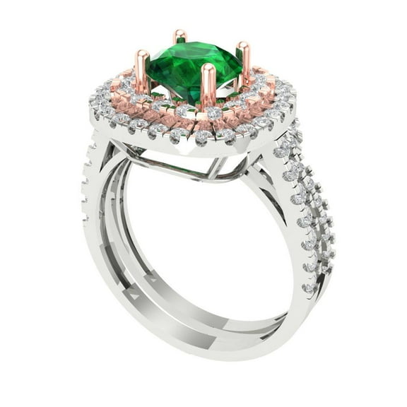 1.8 ct Brilliant Round Cut Emerald 14k White/Rose Gold Halo Solitaire with Accents Engagement Bridal Wedding Ring Band Set size 6.25