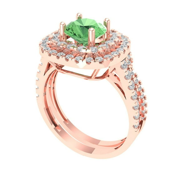 1.8 ct Brilliant Round Cut Green Zircon 18K Rose Gold Halo Solitaire with Accents Engagement Bridal Wedding Ring Band Set size 5.25
