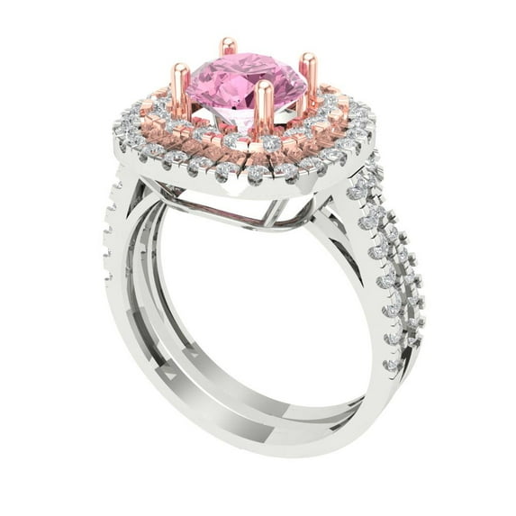 1.8 ct Brilliant Round Cut Pink Zircon 14k White/Rose Gold Halo Solitaire with Accents Engagement Bridal Wedding Ring Band Set size 10