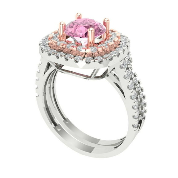1.8 ct Brilliant Round Cut Pink Zircon 14k White/Rose Gold Halo Solitaire with Accents Engagement Bridal Wedding Ring Band Set size 6.25