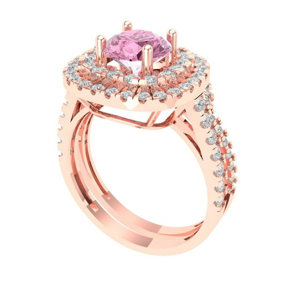 1.8 ct Brilliant Round Cut Pink Zircon 18K Rose Gold Halo Solitaire with Accents Engagement Bridal Wedding Ring Band Set size 4