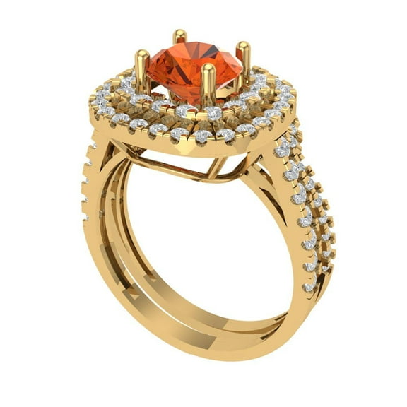 1.8 ct Brilliant Round Cut Red Zircon 14K Yellow Gold Halo Solitaire with Accents Engagement Bridal Wedding Ring Band Set size 9.75