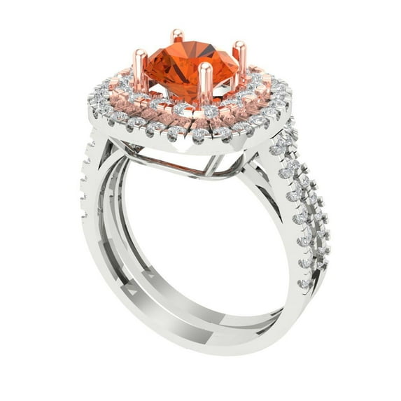 1.8 ct Brilliant Round Cut Red Zircon 14k White/Rose Gold Halo Solitaire with Accents Engagement Bridal Wedding Ring Band Set size 7.75
