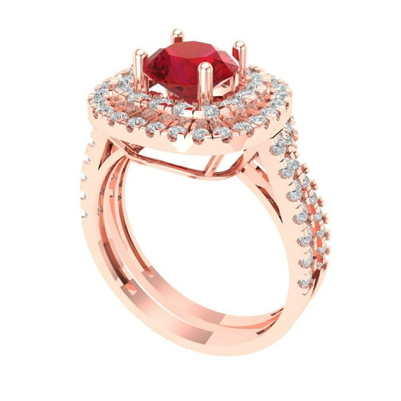 1.8 ct Brilliant Round Cut Ruby 14K Rose Gold Halo Solitaire with Accents Engagement Bridal Wedding Ring Band Set size 10.75
