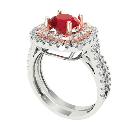 1.8 ct Brilliant Round Cut Ruby 14k White/Rose Gold Halo Solitaire with Accents Engagement Bridal Wedding Ring Band Set size 6.75