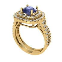 1.8 ct Brilliant Round Cut Tanzanite 14K Yellow Gold Halo Solitaire with Accents Engagement Bridal Wedding Ring Band Set size 6.25