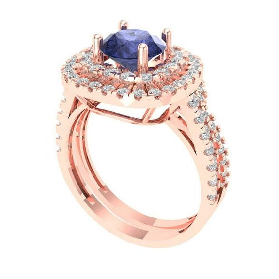 1.8 ct Brilliant Round Cut Tanzanite 18K Rose Gold Halo Solitaire with Accents Engagement Bridal Wedding Ring Band Set size 10