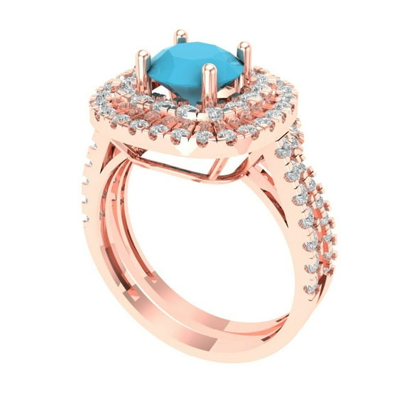 1.8 ct Brilliant Round Cut Turquoise 18K Rose Gold Halo Solitaire with Accents Engagement Bridal Wedding Ring Band Set size 10.75