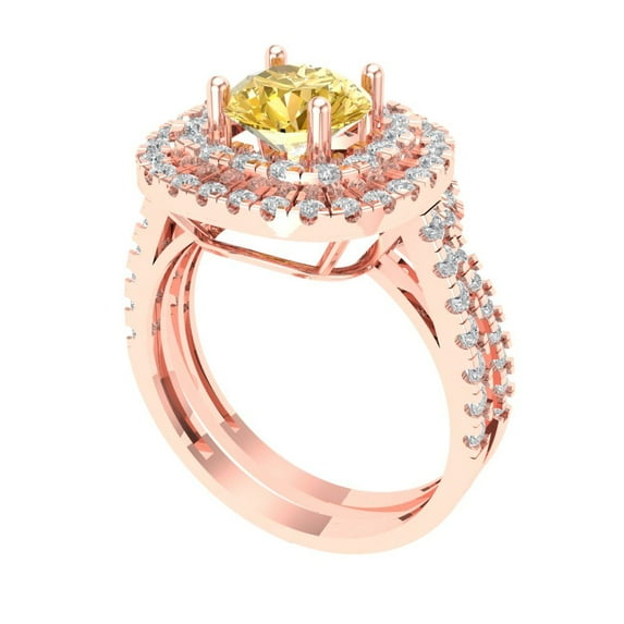 1.8 ct Brilliant Round Cut Yellow Zircon 14K Rose Gold Halo Solitaire with Accents Engagement Bridal Wedding Ring Band Set size 5.75