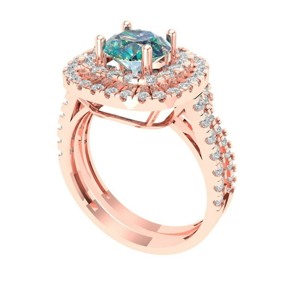 1.8 ct Brilliant Round Cut Blue Moissanite 14K Rose Gold Halo Solitaire with Accents Engagement Bridal Wedding Ring Band Set size 6