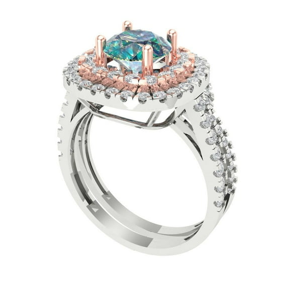 1.8 ct Brilliant Round Cut Blue Moissanite 18K White/Rose Gold Halo Solitaire with Accents Engagement Bridal Wedding Ring Band Set size 10.25