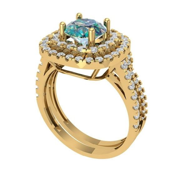 1.8 ct Brilliant Round Cut Blue Moissanite 18K Yellow Gold Halo Solitaire with Accents Engagement Bridal Wedding Ring Band Set size 7.5