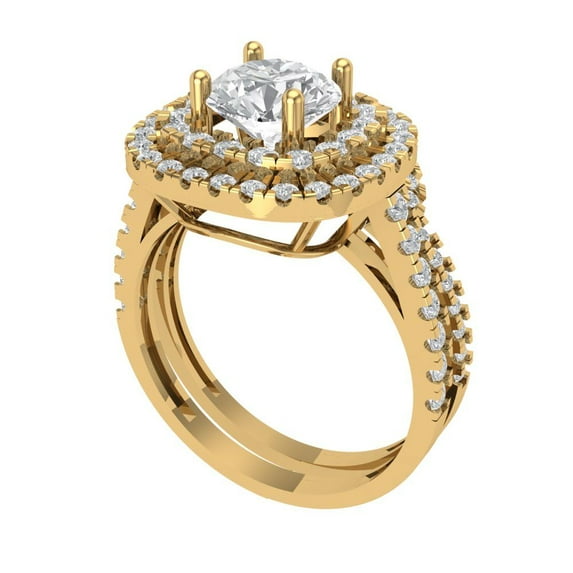 1.8 ct Brilliant Round Cut White Sapphire 18K Yellow Gold Halo Solitaire with Accents Engagement Bridal Wedding Ring Band Set size 4.75