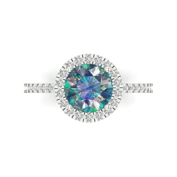 1.8 ctw with Simulated Diamond Halo Accents Anniversary Ring for Women | Round Cut Blue Moissanite | Hyperallergenic Solid 18K White Gold
