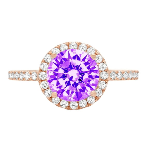 1.8 ct Round Cut Natural Amethyst Solitaire with Simulated Diamond Accents 18K Rose Gold Womens Engagement Ring