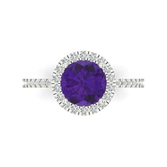 1.8 ct Round Cut Natural Amethyst with Simulated Diamond Halo Accents 18K White Gold Womens Engagement Ring