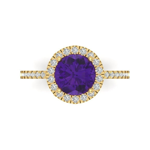 1.8 ct Round Cut Natural Amethyst with Simulated Diamond Halo Accents 18K Yellow Gold Womens Engagement Ring