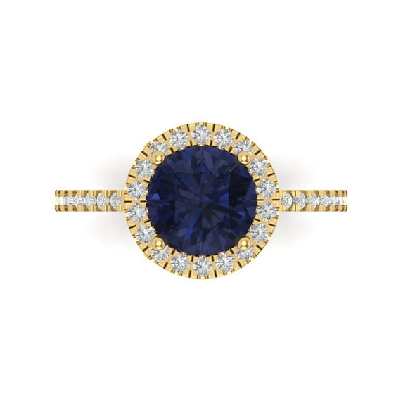 1.8 ct Round Cut Simulated Blue Sapphire with Simulated Diamond Halo Accents 14K Yellow Gold Womens Engagement Ring