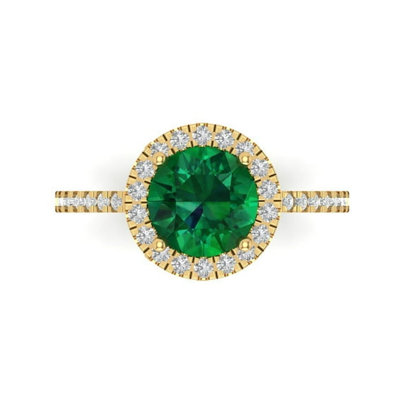 1.8 ct Round Cut Simulated Emerald with Simulated Diamond Halo Accents 18K Yellow Gold Womens Engagement Ring
