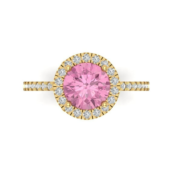 Clara Pucci 14K Yellow Gold Solid Gold Pink Halo Anniversary Ring for Women - 1.8 cttw Round Cut