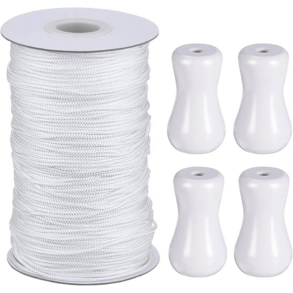 1.8 mm White Braided Lift Shade Cord 55 Yards/roll with 4 Pieces Wood Pendant for Aluminum Blind Shade, Gardening Plant and Crafts