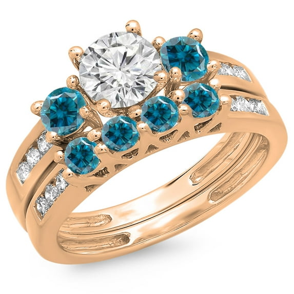 1.80 Carat (ctw) 10K Rose Gold Round Blue & White Diamond Ladies Bridal 3 Stone Engagement Ring With Matching Band Set