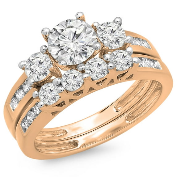1.80 Carat (ctw) 10K Rose Gold Round Diamond Ladies Bridal 3 Stone Engagement Ring With Matching Band Set