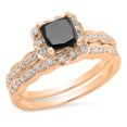 thumbnail image 1 of 1.80 Carat (ctw) 14K Rose Gold Princess & Round Cut Black & White Diamond Ladies Bridal Halo Style Engagement Ring Set W, 1 of 1