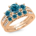 thumbnail image 1 of 1.80 Carat (ctw) 18K Rose Gold Round Blue & White Diamond Ladies Bridal 3 Stone Engagement Ring With Matching Band Set, 1 of 1