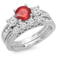 thumbnail image 1 of 1.80 Carat (ctw) 18K White Gold Round Red Ruby & White Diamond Ladies Bridal 3 Stone Engagement Ring With Matching Band, 1 of 1