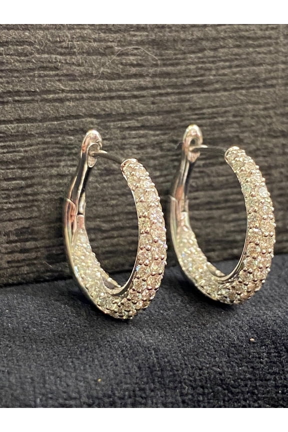 1.80 Carats Round Brilliant Cut Diamonds Three-Row Hoop Earrings In Hallmark 18K White Gold