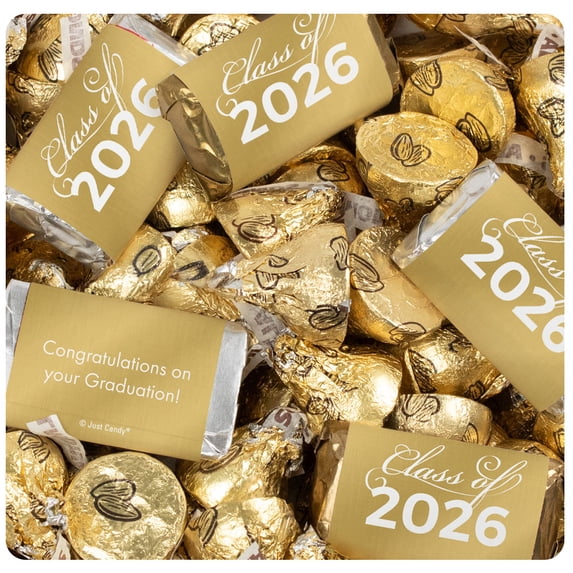 1,805 Pcs Gold Graduation Candy Mix - Class of 2026 Wrapped Miniatures & Almond Kisses (23.75 lbs)