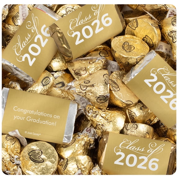 1,805 Pcs Gold Graduation Candy Mix - Class of 2026 Wrapped Miniatures & Almond Kisses (23.75 lbs)