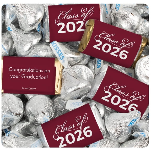 1,805 Pcs Graduation Class of 2026 Maroon Wrapped Miniatures and Silver Kisses Candy Mix (23.75 lbs)