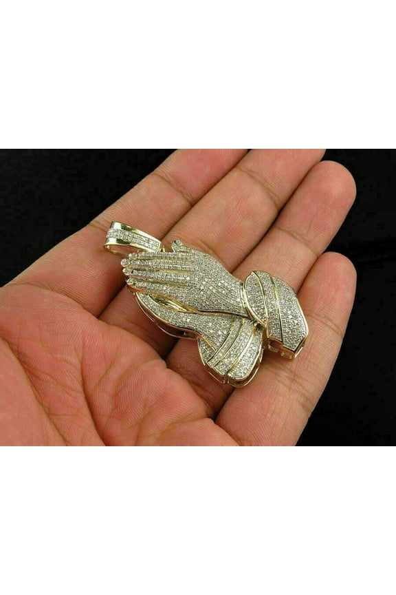 1.80Ct Round Brilliant Cut Diamond Praying Hands Pendant 14K Yellow Gold Finish Silver