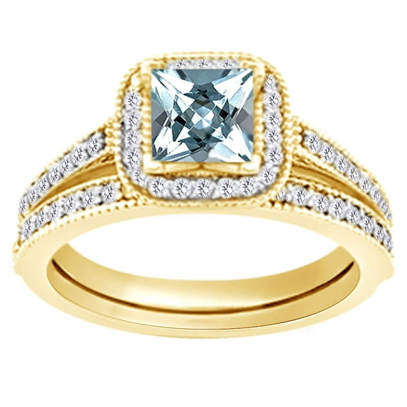 AFFY (1.81 cttw) Simulated Blue Aquamarine & White Natural Diamond Halo Engagement Ring Set In 14K Solid Yellow Gold With, Ring Size 6.5