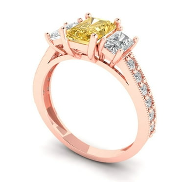 1.82 ct Brilliant Emerald Cut VVS1 Clear Zircon 18K Rose Solid Gold Solitaire with Accents Three-Stone Wedding Bridal Anniversary Engagement Ring size 9.75