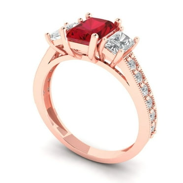 1.82 ct Brilliant Emerald Cut VVS1 Clear Zircon 18K Rose Solid Gold Solitaire with Accents Three-Stone Wedding Bridal Anniversary Engagement Ring size 7.75