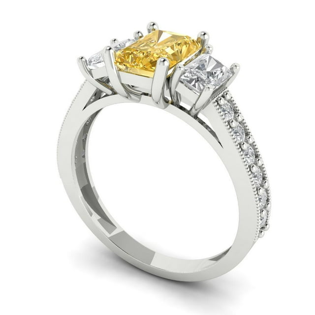 1.82 ct Brilliant Emerald Cut VVS1 Clear Zircon 18K White Solid Gold Solitaire with Accents Three-Stone Wedding Bridal Anniversary Engagement Ring size 6.5