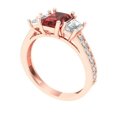 1.82 ct Brilliant Emerald Cut VVS1 Natural Garnet 14k Rose Solid Gold Solitaire with Accents Three-Stone Wedding Bridal Anniversary Engagement Ring size 5.75