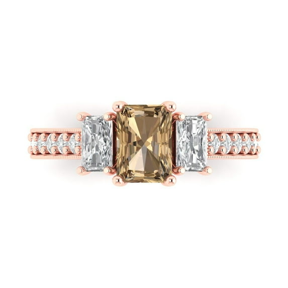 Three-Stone Engagement Ring for Women - 1.88ct Simulated Champagne Diamond in 14K Rose Gold Promise Ring