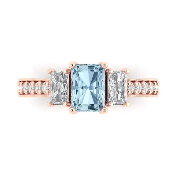 Three-Stone Engagement Ring for Women - 1.88ct Natural Aquamarine in 18K Rose Gold Promise Ring